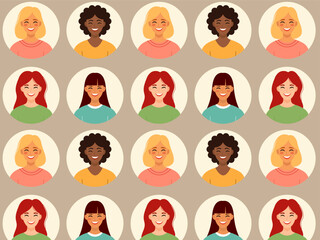 Avatars of happy women. Vector pattern. Flat vector illustration