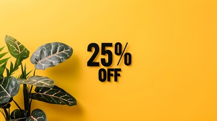 Black '25% OFF' Promotional Sign on a Yellow Background with Copy Space