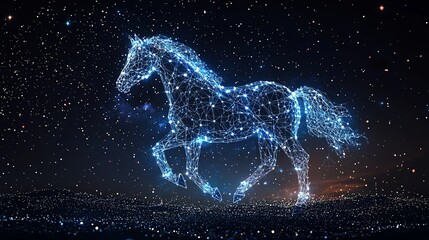 A horse crafted from stars canters through an astral scene, against the backdrop of night, epitomizing dynamic motion and artistic imagination.