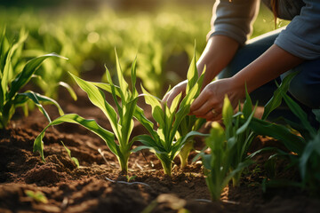 Female farmer examining young corn plants in cultivated field