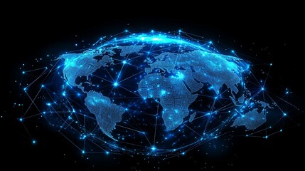 Obraz premium A digital representation of the world with a network of glowing blue lines.