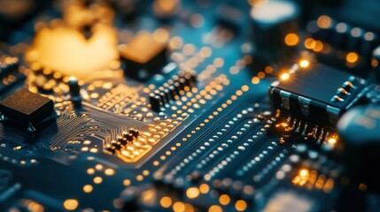 Close-up of a Circuit Board with Golden Traces and Components