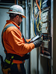 Electrician inspecting complex electrical panel wiring.