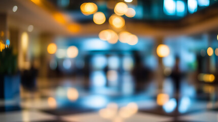 Blurry abstract background of a hotel lobby with a chandelier and bokeh lights.