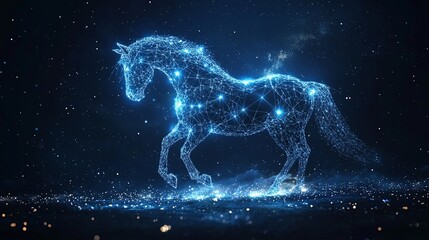 This image illustrates a cosmic horse that appears to be composed of luminous constellations and intricate lines, suggesting a blend of fantasy and reality.