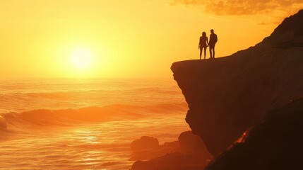 Silhouettes of a Couple on a Cliff at Sunset Over the Ocean