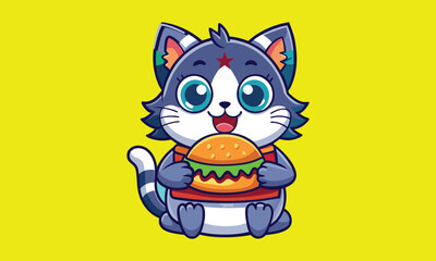illustration of a cute foodie cat eating a burger .eat Burger Mascot Vector, Cute Cartoon Logo Animal and Food Mascot Illustration Style, Cute Cartoon Logo Animal and Food