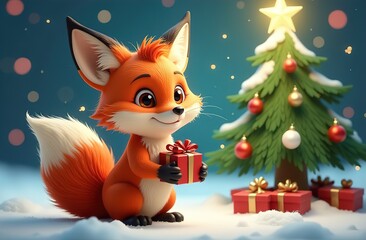 Fototapeta premium Cute winter card with a fox, gifts and a fir tree. New Year and Christmas card. Postcard, watercolor illustration.