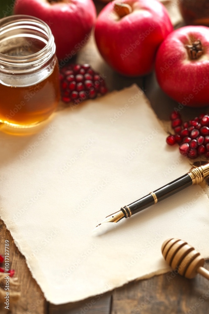 Sticker Fresh apples, honey, and a parchment sheet creatively arranged on a wooden table. This image captures a rustic autumn vibe perfect for seasonal recipes or homemade projects. AI