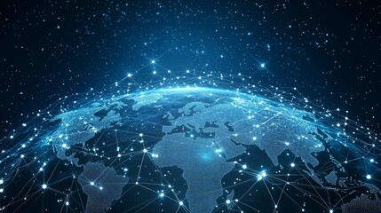 A digital representation of Earth with interconnected nodes and lines.