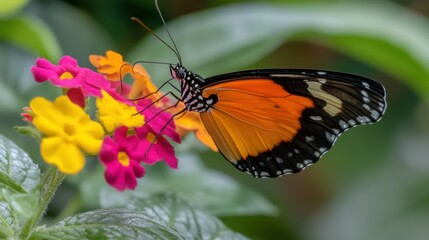Fototapeta premium Orange and Black Butterfly Perched on Pink and Yellow Flowers