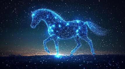 A majestic horse illuminated by vibrant blue dots against a starry sky, representing the artistic fusion of digital precision and celestial elegance.