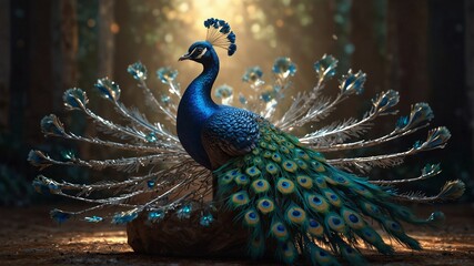Obraz premium A gracefully twirling peacock in cinematic light