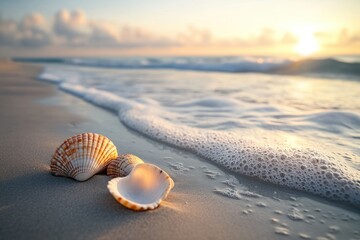 Obraz premium Seashells on a Sandy Beach at Sunset