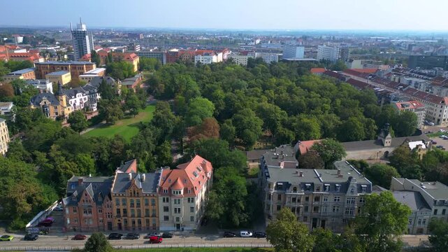 Stadtgottesacker, green park in halle Saale. Nice aerial view flight drone