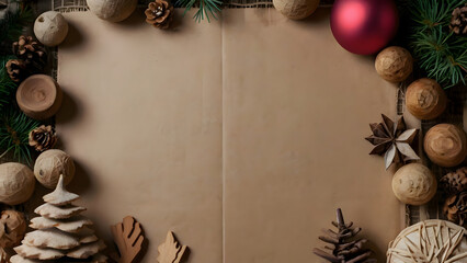 Christmas background with old paper, christmas tree, pine cones and decorations