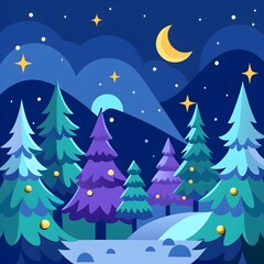 Obraz premium beautiful snowy forest at night with festive christmas trees
