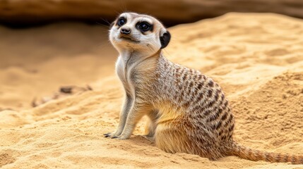 A Curious Meerkat Sitting on Sandy Ground, Looking Upwards