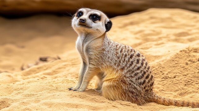 A Curious Meerkat Sitting on Sandy Ground, Looking Upwards