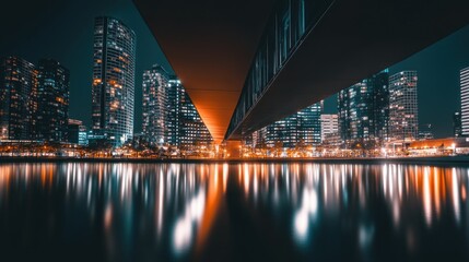 Fototapeta premium Nighttime View of Cityscape with Bridge Reflection in Water
