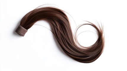 Long, brown ponytail isolated against a white background.