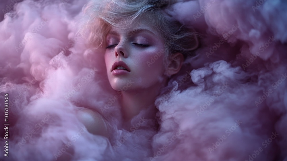 Canvas Prints Woman with Blonde Hair Surrounded by Pink Smoke