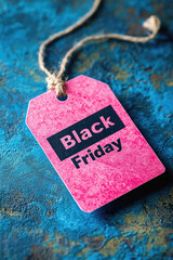 A pink tag with black letters that says Black Friday. The tag is hanging from a string. The tag is on a blue surface