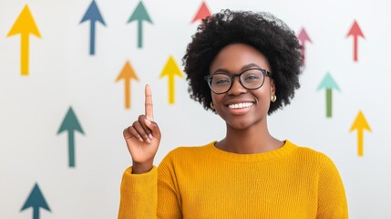 Smiling woman in front of colorful arrows, conveying positivity, direction, and the joy of creative choices and decision-making, Generative Ai