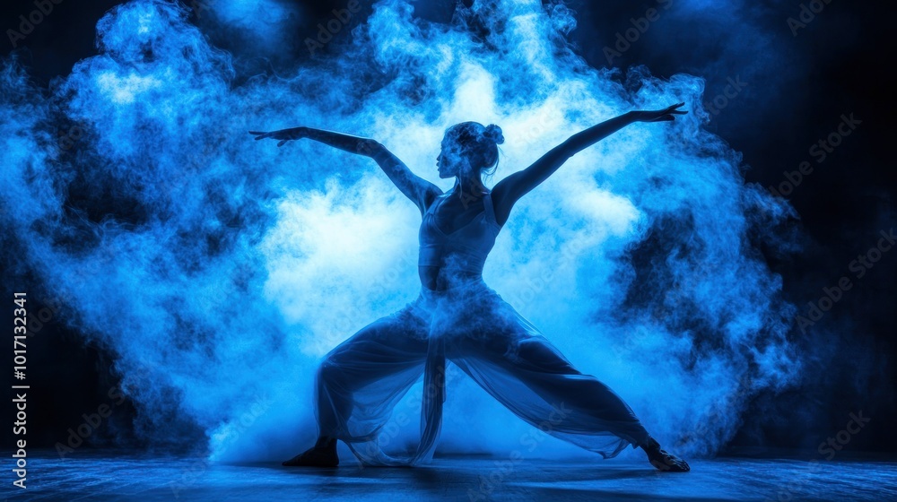 Poster Woman in White Dress Posing in Blue Smoke