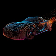Naklejka premium Car Outlined In Futuristic Digital Dots Against Black Digital Screen neon color photo