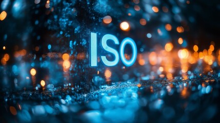 The term "ISO" illuminated in a vibrant array of lights, representing digital standards, technology, and modern data solutions, Generative Ai