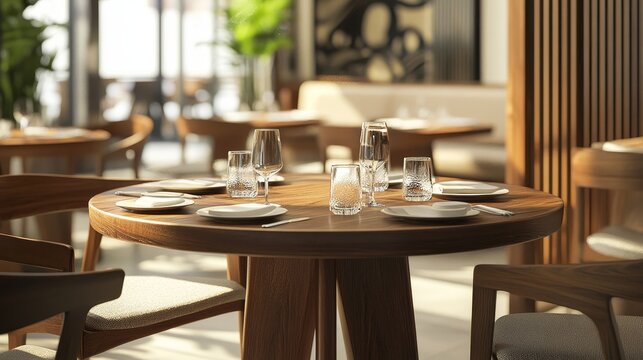 Modern, elegant restaurant interior with contemporary furniture. Wooden chairs and tables set with glassware and plates create an inviting dining experience.