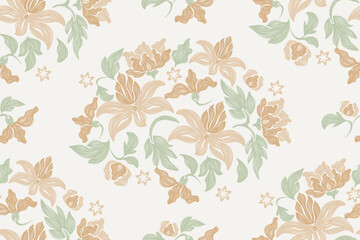 Pattern wallpaper flowers ethnic vintage lotus Chinese Indian embroidery Ikat textured design vector illustration. Orange floral on white background bohemian flower tapestry motif damask watercolour. 