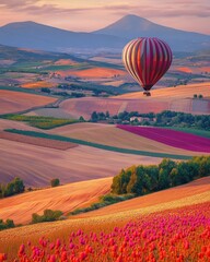 Obraz premium Hot Air Balloon Soaring Over Rolling Hills at Sunset
