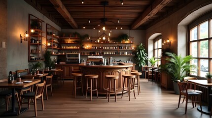 Interior design of cafe with wooden vintage style, decorated with warm and cozy tones, relaxing tones with classic old wood round corner counter and coffee machinery, modern contemporary decoration