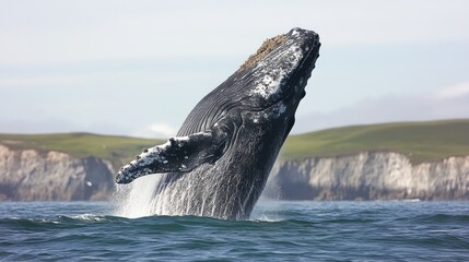 Fototapeta premium Humpback Whale Breaching With White Cliffs in the Background
