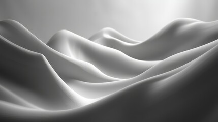 Abstract grayscale image of rippling white fabric forming undulating hills