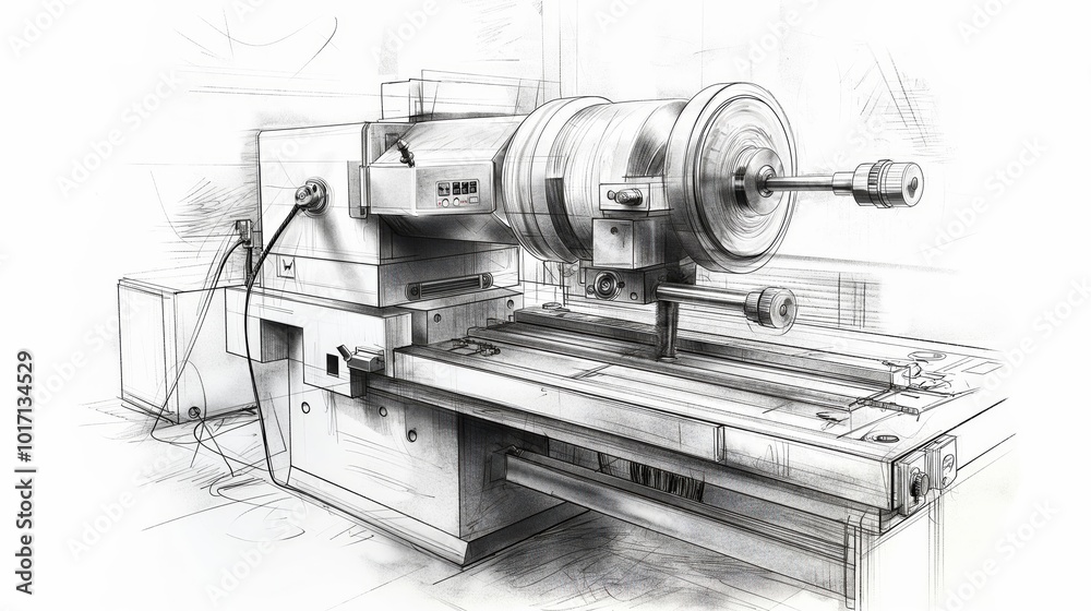 Poster technical sketch of a cnc machine, showcasing industrial design, engineering precision, and mechanic