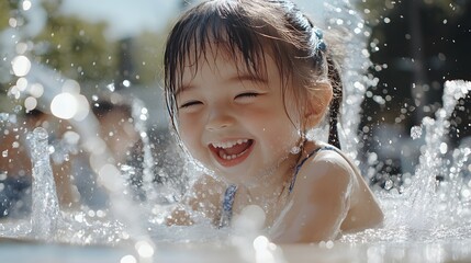 Fototapeta premium 公園の噴水で遊んでいる日本人の女の子