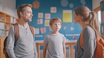 Obraz premium Parents talking with their son’s teacher in a colorful classroom, discussing the child's progress in a supportive educational environment
