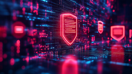 Fototapeta premium Futuristic cybersecurity system with AI powered shields protecting digital networks and sensitive data