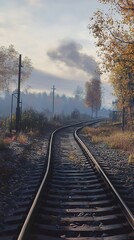 Fototapeta premium Curving Railroad Tracks Through a Misty Autumn Forest