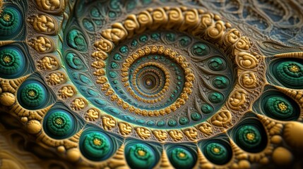 Abstract Fractal Design with Spiraling Green and Gold Patterns