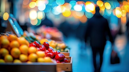 Red and Yellow Fruit Displayed in Wooden Crates with Blurry City Lights in Background
