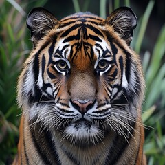 Obraz premium Close Up of Tiger Face Displaying Striking Bold Stripes and Intense Fierce Expression picture