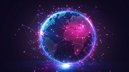 Obraz premium A glowing blue and pink digital globe with a network of lines and dots