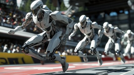A white humanoid robot sprinting on a track with other robots in the background