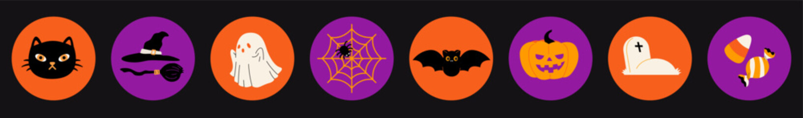 Set of spooky cute elements for Halloween Day. Bundle of cat, witch hat and broom, ghost, spider, bat, Jack-O-Lantern, grave and candy illustration for Halloween decoration. Flat vector style.