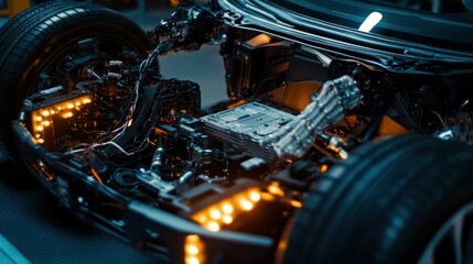 Fototapeta premium Close-up View of a Car's Electric Engine with Illuminated Components
