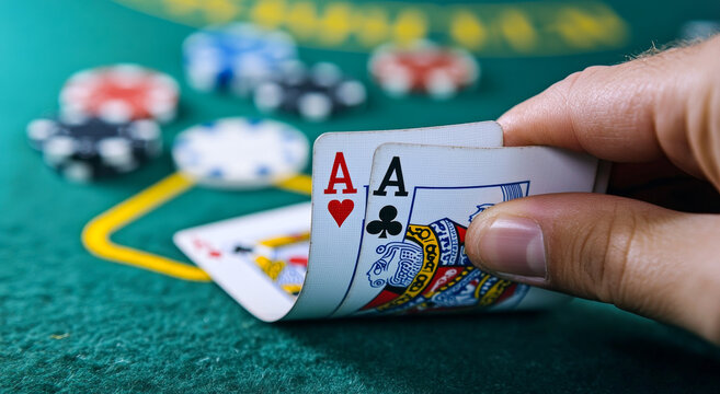 A hand shows two aces while gaming chips are scattered, highlighting a high-stakes poker moment during an exciting tournament.
